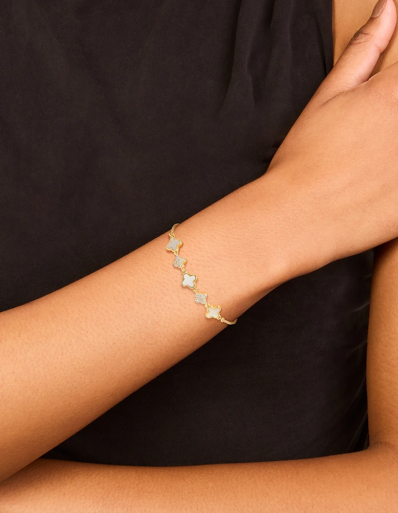 Gold Plated Cubic Zirconia & Plain Flowers Inlay Toggle Bracelet