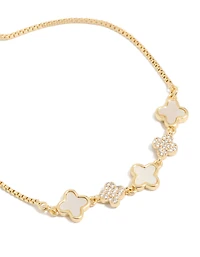 Gold Plated Cubic Zirconia & Plain Flowers Inlay Toggle Bracelet