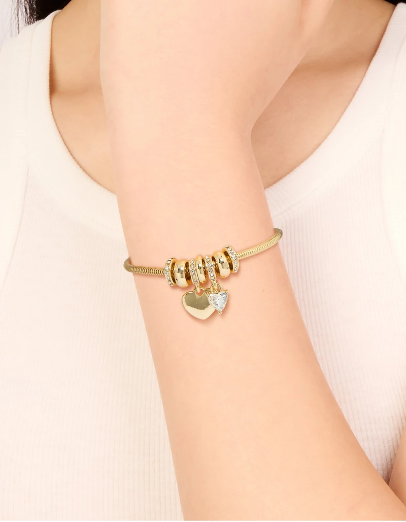 Gold Plated Cubic Zirconia Chunky Heart Charm Toggle Bracelet
