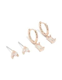 Rose Gold Plated Cubic Zirconia Stud & Huggie Earrings 2- Pack