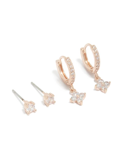 Rose Gold Plated Cubic Zirconia Studs & Flower Huggie Earrings 2-Pack