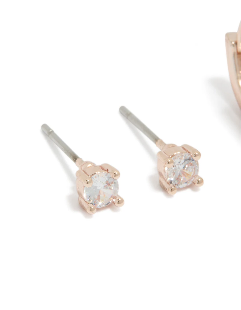 Rose Gold Plated Cubic Zirconia Studs & Flower Huggie Earrings 2-Pack