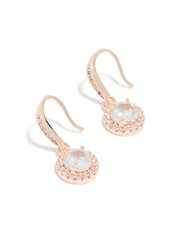 Rose Gold Plated Cubic Zirconia Round Halo Drop Earrings