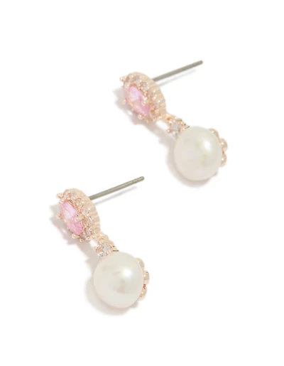 Rose Gold Plated Cubic Zirconia Freshwater Pearl Halo Drop Earrings