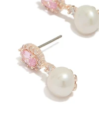 Rose Gold Plated Cubic Zirconia Freshwater Pearl Halo Drop Earrings
