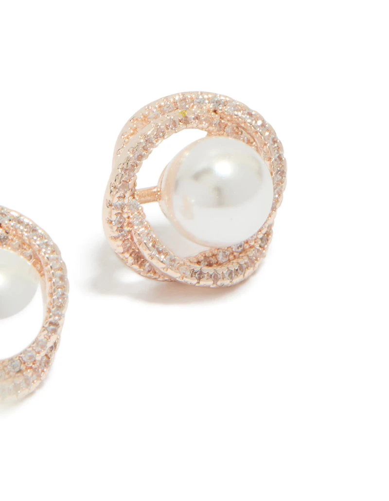 Rose Gold Plated Cubic Zirconia Twist Pearl Stud Earrings