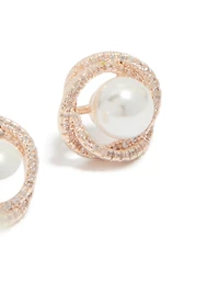 Rose Gold Plated Cubic Zirconia Twist Pearl Stud Earrings