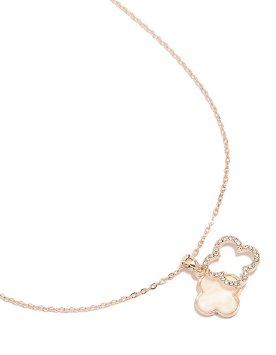 Rose Gold Plated Diamante & Pink  Outline Flower Pendant Necklace