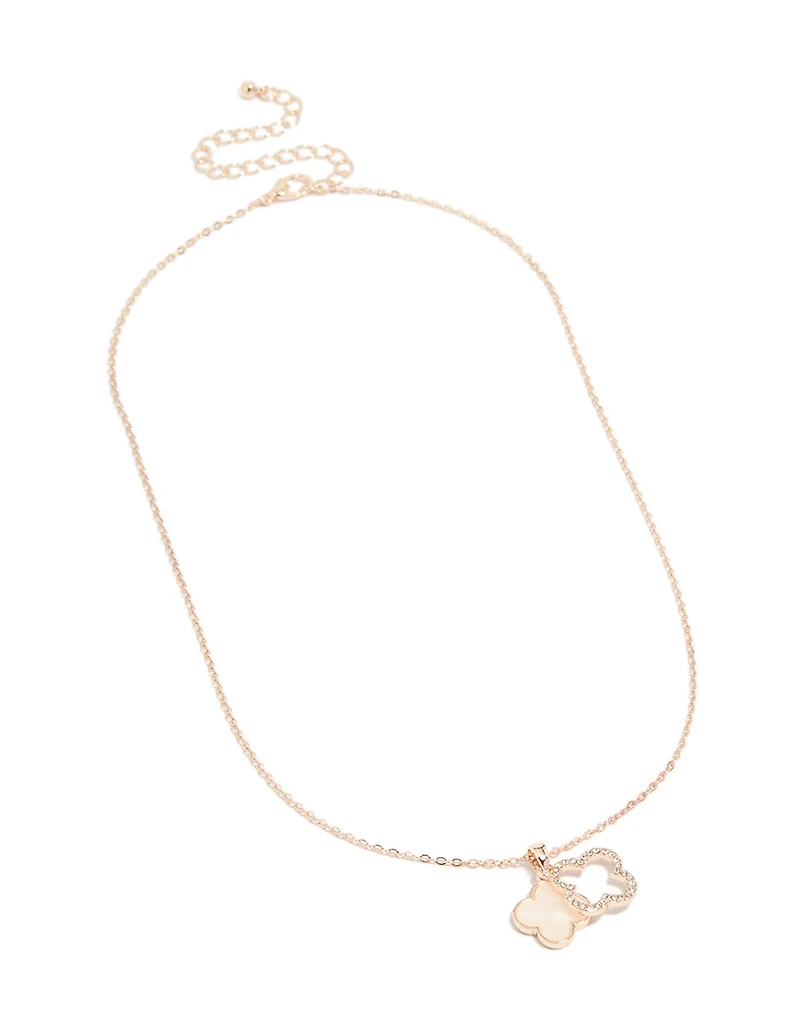 Rose Gold Plated Diamante & Pink  Outline Flower Pendant Necklace