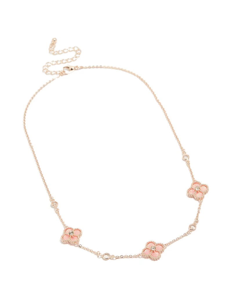 Rose Gold Plated Cubic Zirconia Centre Pink Flower Charms Necklace
