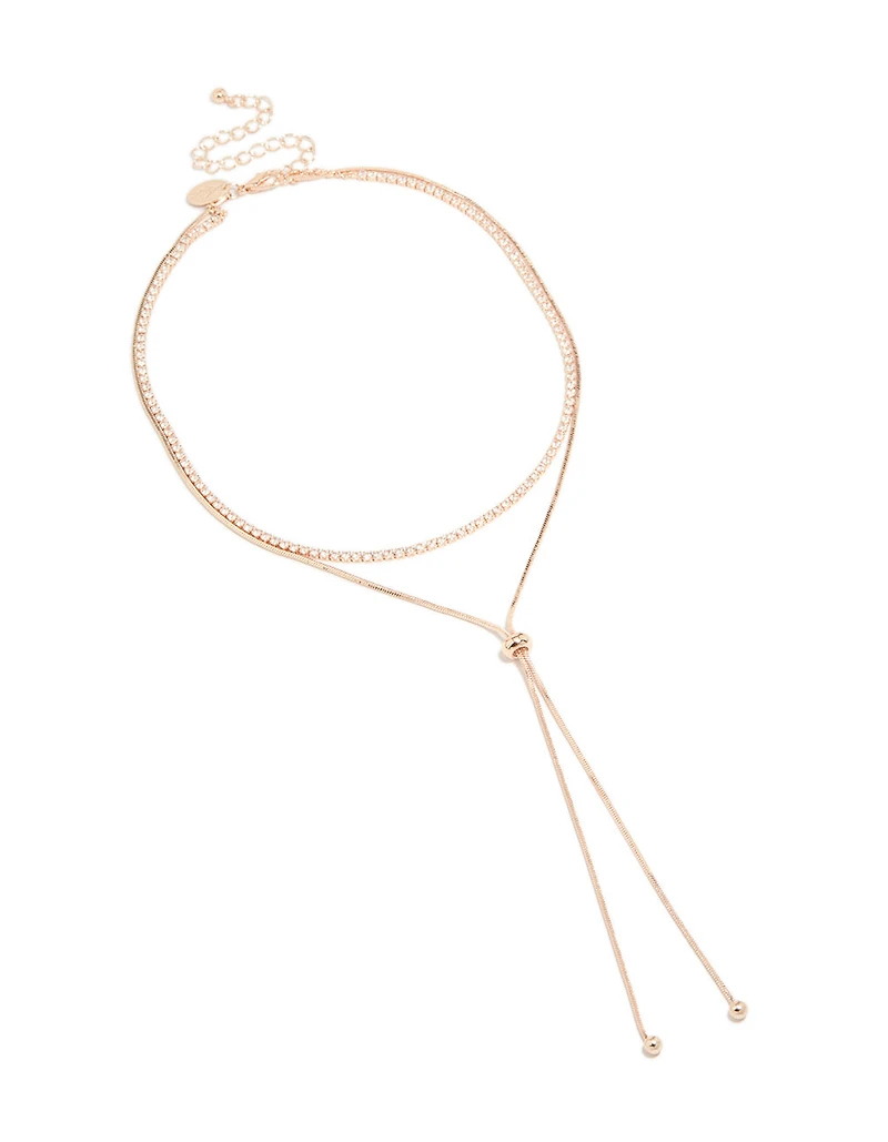 Rose Gold Plated Cubic Zirconia Cup Chain & Snake Chain Layered Y-Necklace