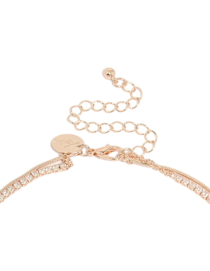 Rose Gold Plated Cubic Zirconia Cup Chain & Snake Chain Layered Y-Necklace
