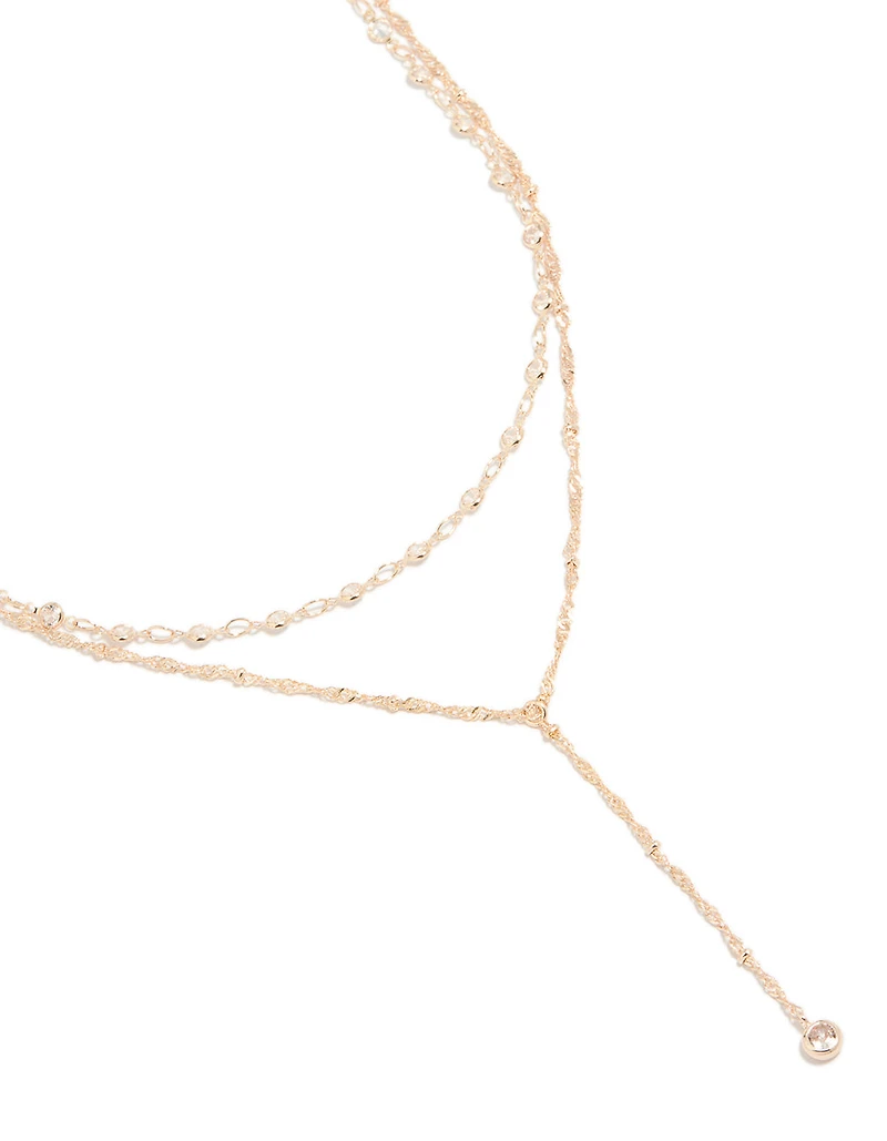 Rose Gold Plated Cubic Zirconia Bezel Set Layered Chain Y-Necklace