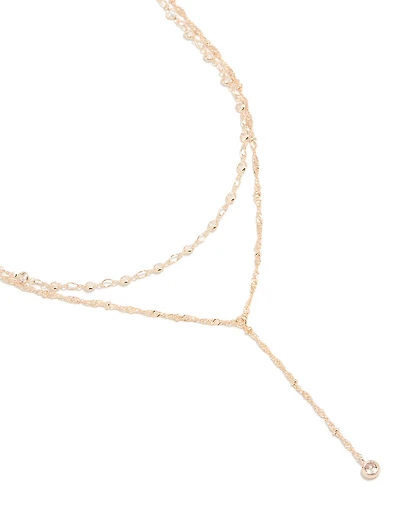Rose Gold Plated Cubic Zirconia Bezel Set Layered Chain Y-Necklace