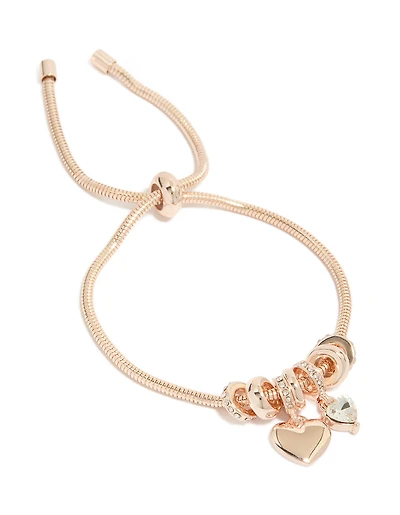 Rose Gold Plated Diamante Heart Charm Toggle Bracelet