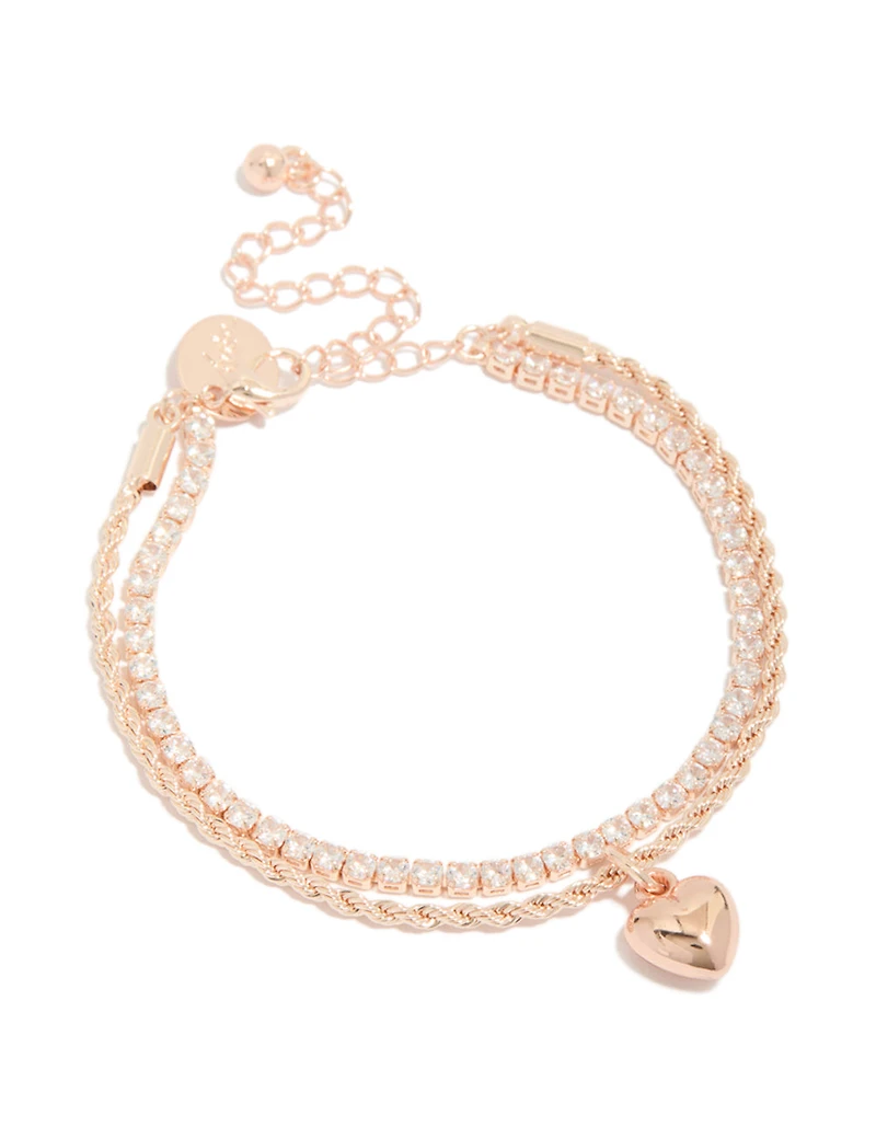Rose Gold Plated Cubic Zirconia Tennis & Heart Layered Bracelet