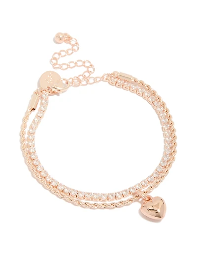 Rose Gold Plated Cubic Zirconia Tennis & Heart Layered Bracelet