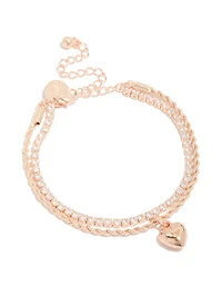 Rose Gold Plated Cubic Zirconia Tennis & Heart Layered Bracelet