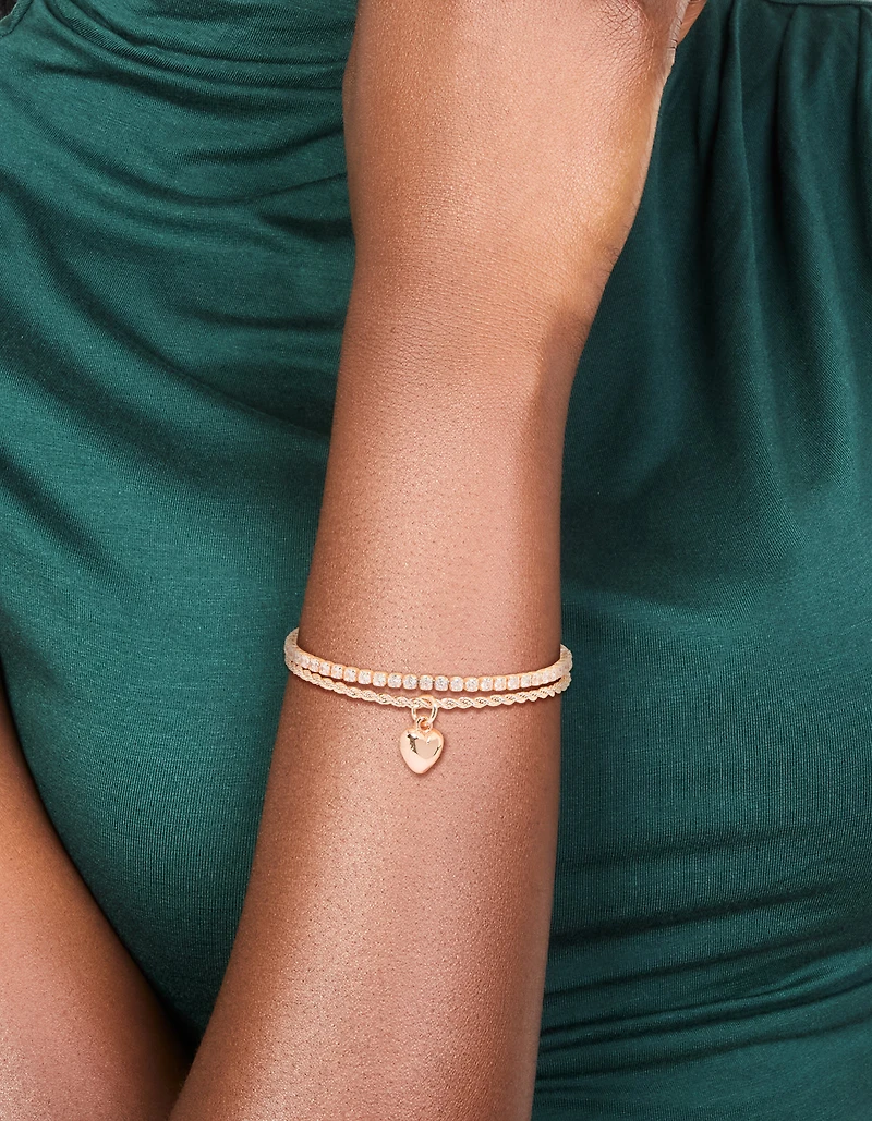 Rose Gold Plated Cubic Zirconia Tennis & Heart Layered Bracelet