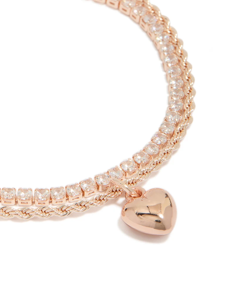 Bracelet de tennis et cœur à rangs multiples plaqué or rose avec zircon cubique