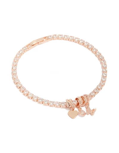Rose Gold Plated Cubic Zirconia Mixed Charm Tennis Bracelet