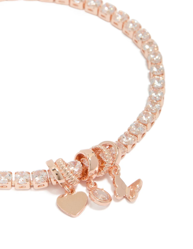 Rose Gold Plated Cubic Zirconia Mixed Charm Tennis Bracelet