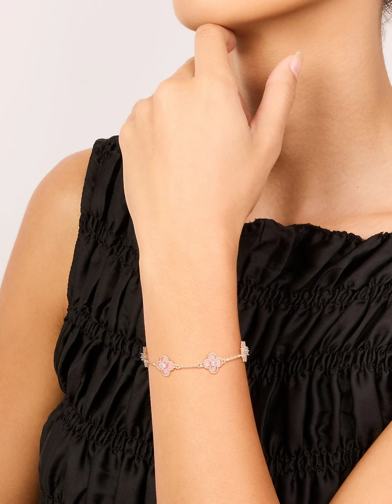 Rose Gold Plated Diamante Cente Pink Flower Charms Bracelet