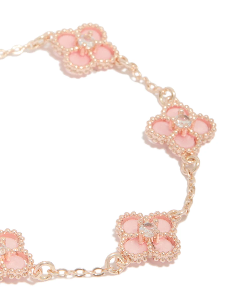 Rose Gold Plated Diamante Cente Pink Flower Charms Bracelet