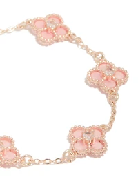 Rose Gold Plated Diamante Cente Pink Flower Charms Bracelet