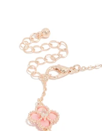 Rose Gold Plated Diamante Cente Pink Flower Charms Bracelet