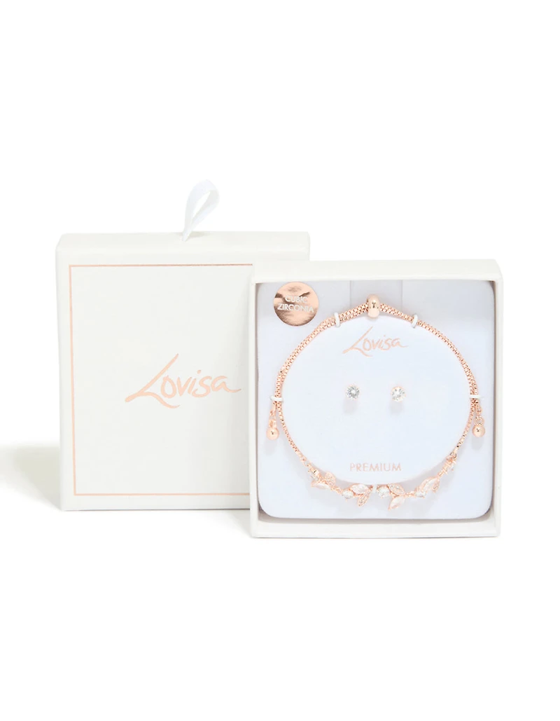 Rose Gold Plated Cubic Zirconia Vine Toggle Bracelet & Earrings Set