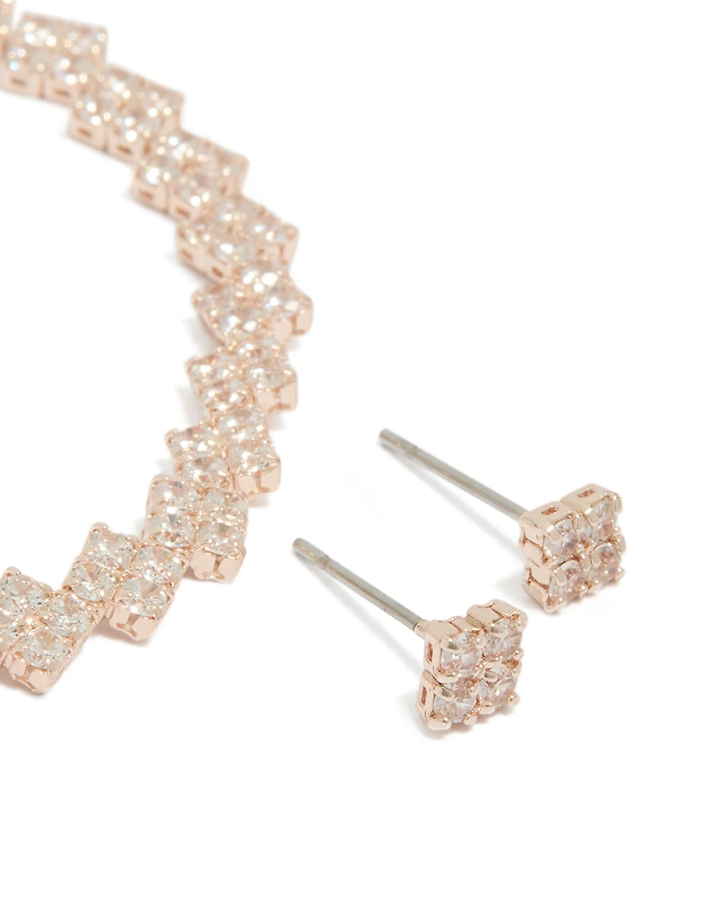 Rose Gold Plated Clover Tennis Bracelet & Earrings Set