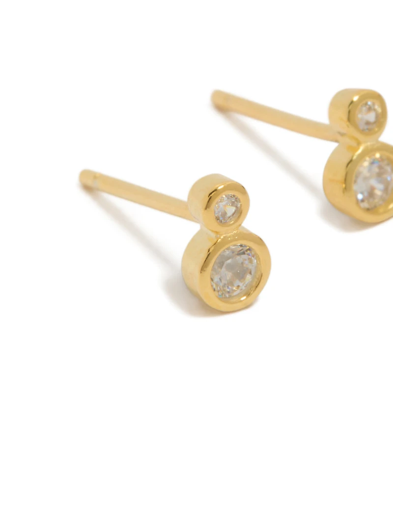 Gold Plated Sterling Silver Cubic Zirconia Double Bezel Set Stud Earrings