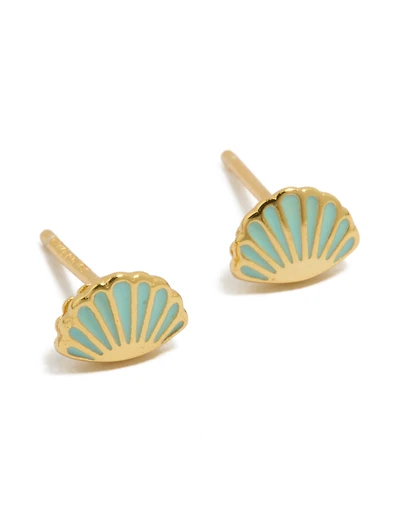 Gold Plated Sterling Silver Blue Enamel Clam Shell Earrings