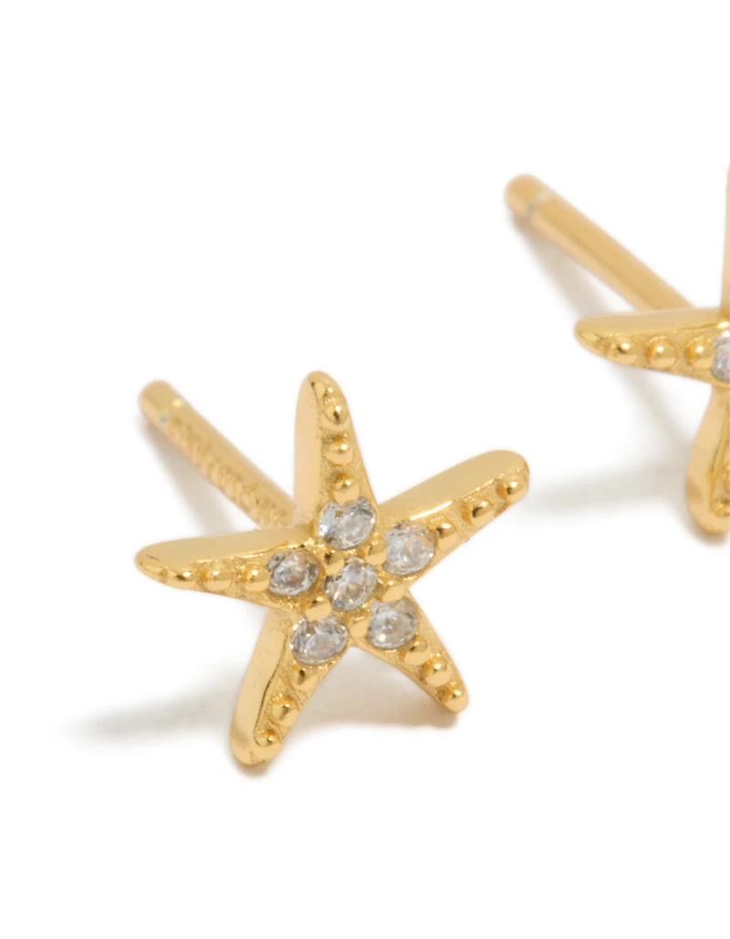 Gold Plated Sterling Silver Cubic Zirconia Starfish Earrings