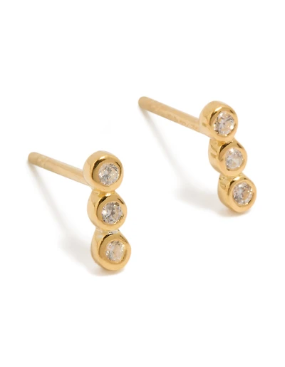 Gold Plated Sterling Silver Cubic Zirconia Bezel Trio Drop Stud Earrings