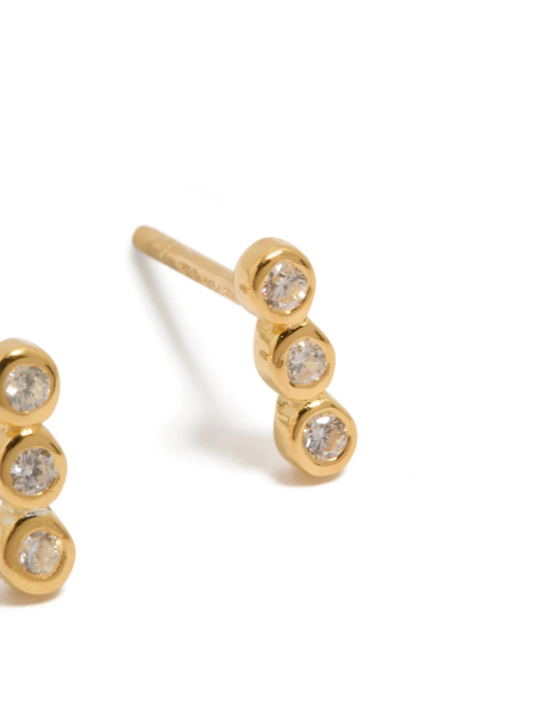 Gold Plated Sterling Silver Cubic Zirconia Bezel Trio Drop Stud Earrings