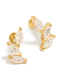 Gold Plated Sterling Silver Cubic Zirconia Triple Crawler Flat Back Studs