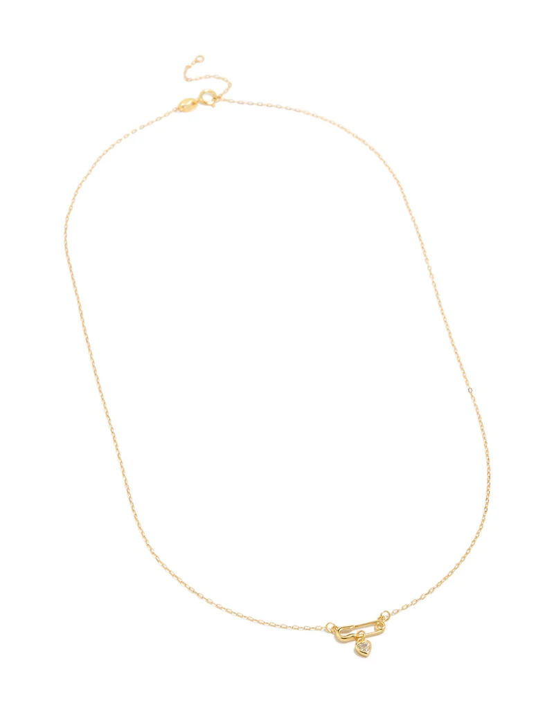 Gold Plated Sterling Silver Cubic Zirconia Safety Pin Necklace