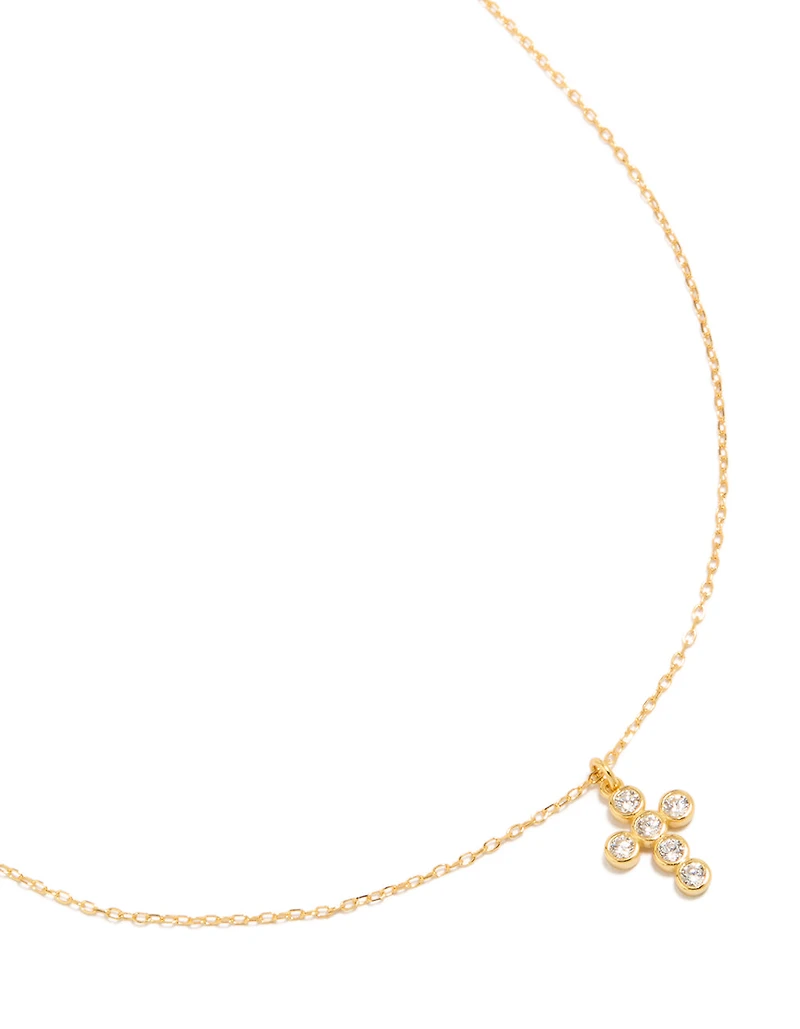 Gold Plated Sterling Silver Cubic Zirconia Bezel Cross Pendant Necklace