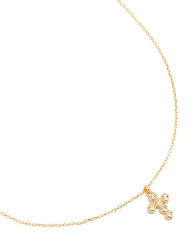 Gold Plated Sterling Silver Cubic Zirconia Bezel Cross Pendant Necklace