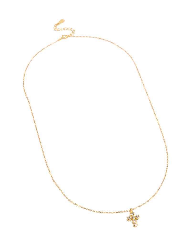 Gold Plated Sterling Silver Cubic Zirconia Bezel Cross Pendant Necklace