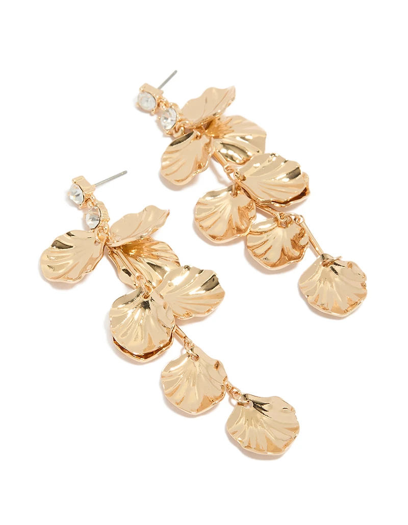 Gold Diamante & Molten Textured Petal Drop Earrings