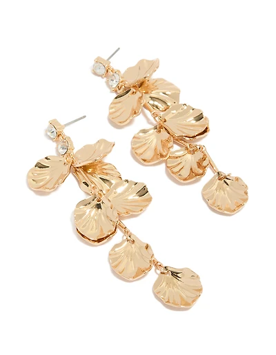 Gold Diamante & Molten Textured Petal Drop Earrings