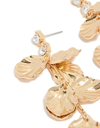 Gold Diamante & Molten Textured Petal Drop Earrings