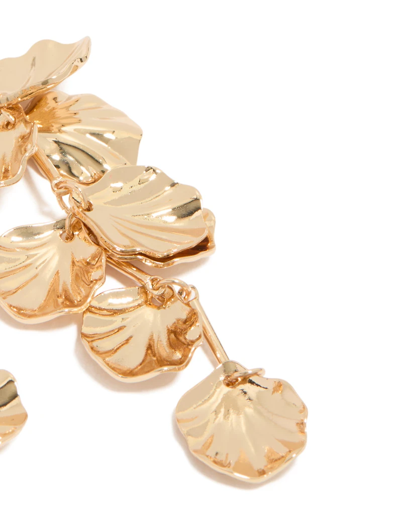 Gold Diamante & Molten Textured Petal Drop Earrings