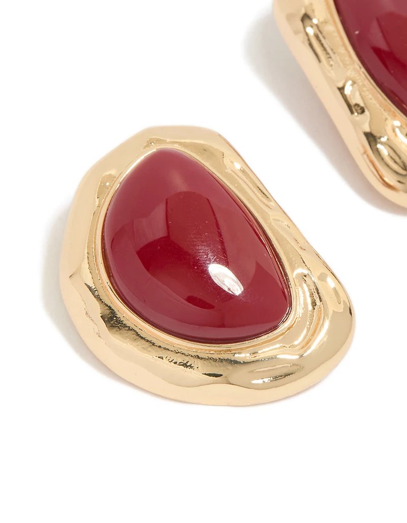 Gold Organic Red Stone Textured Stud Earrings