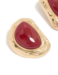 Gold Organic Red Stone Textured Stud Earrings