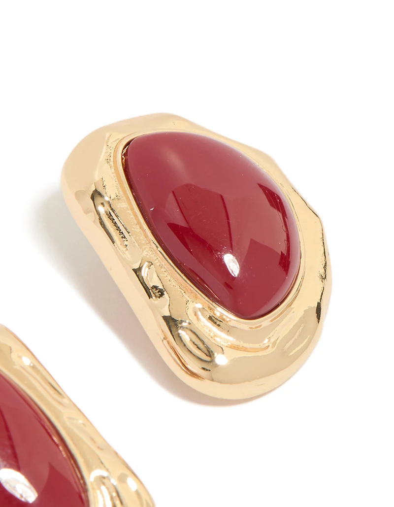 Gold Organic Red Stone Textured Stud Earrings