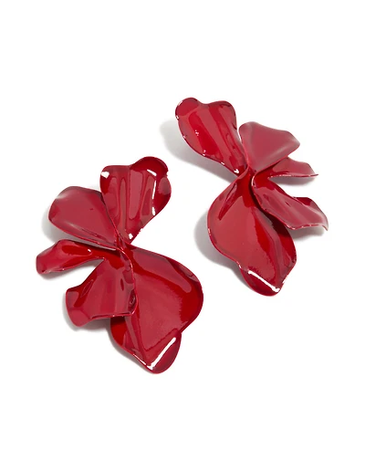 Red Coated Metal Large Petal Flower Stud Earrings
